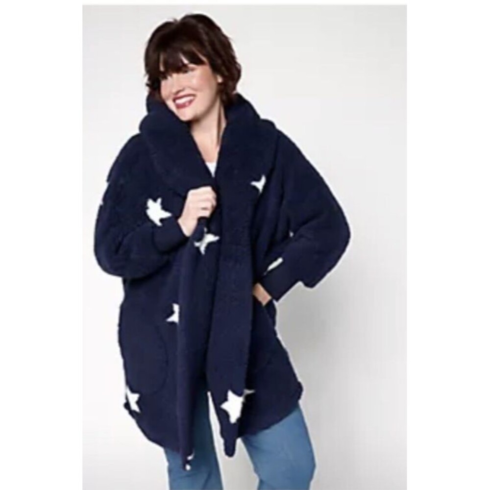 Jill Martin Women's Sherpa Embroidered Hooded Lounger Midnight Blue ⭐️ M/L NEW